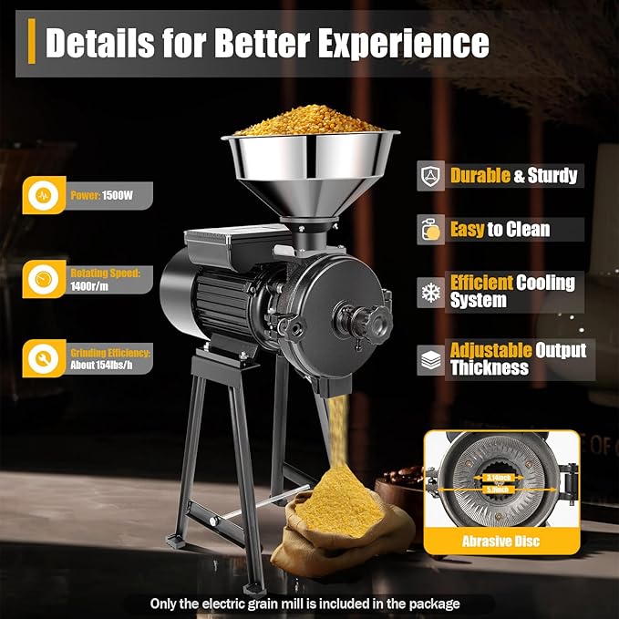 Grain Mill Grinder, 1500W Electric Grinder Mill Machine, Dry Feed Flour Grain Grinders Machine with Adjustable Input Material Speed & Adjustable Output Thickness for Grinding Various Dry Items