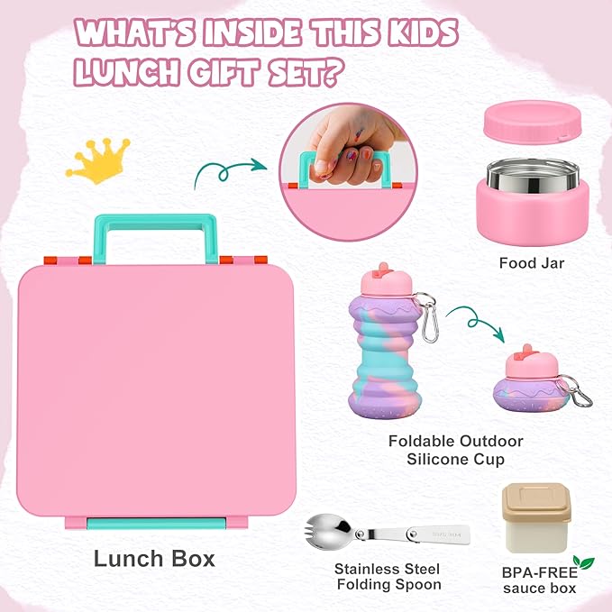 Bento Lunch Box for Kids with 9oz Soup Thermo, Leakproof Lunch Food Containers with 4 Compartment, Kids Thermo Hot Food Jar for School Travel