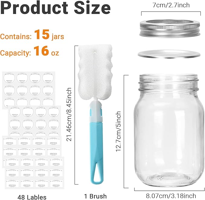 DHSBTLS Glass Regular Mouth Mason Jars, 15 Pack 16 oz Glass Canning Jars with Silver Aluminum Lids and Bands, Airtight Jars for Food Storage, Canning, Overnight Oats, Fermenting, Pickling, Decor