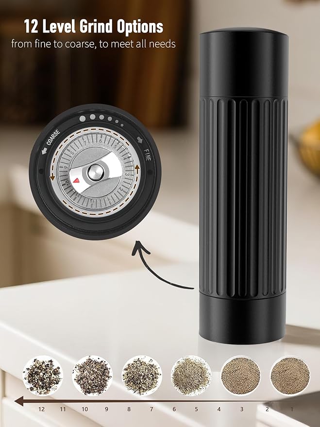 Pepper Grinder Mill, Professional Grade Manual Pepper Grinder, High Output Heavy Duty Pepper Mill Grinder, Refillable, Aluminum Matte Black, Stainless Steel Burrs, Adjustable Coarseness Grind Settings