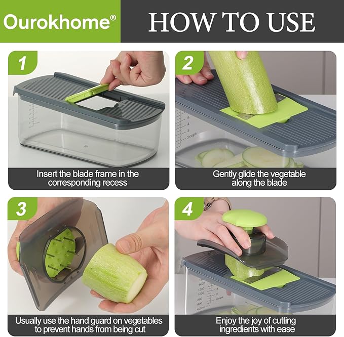 Ourokhome Veggie Chopper and Dicer with Container, Manual Hand Food Mandolin Slicer with 4 in 1 Handheld Vegetable Spiralizer for Zucchini, Potato, Onion, Essential Kitchen Gadgets (12 in 1, Gray)