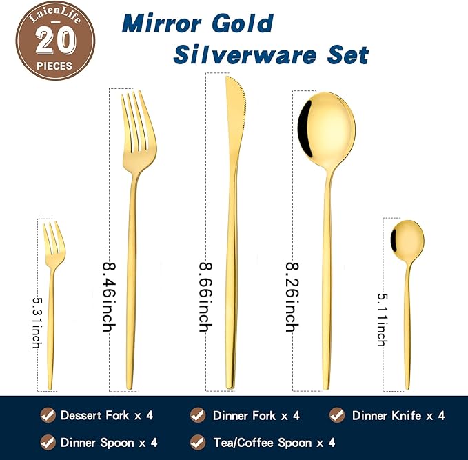 Mirror Gold Silverware Set 20-Piece, Stainless Steel Flatware Service for 4, LaienLife Unique Utensils Set with Long Fork and Spoon Teaspoon, Mirror Gold Flatware Set, Cutlery for Home Party Kitchen