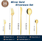 Mirror Gold Silverware Set 20-Piece, Stainless Steel Flatware Service for 4, LaienLife Unique Utensils Set with Long Fork and Spoon Teaspoon, Mirror Gold Flatware Set, Cutlery for Home Party Kitchen