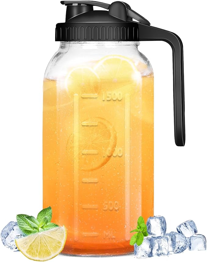 Glass Pitcher with Lid - 64OZ Wide Mouth Mason Jar Pitcher, 2 Quart Double Leak-proof Water Pitcher, Breastmilk Pitcher with Pour Spout Lids for Water, Juice, Milk, Tea, Iced Coffee, and Drinks