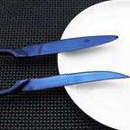 Flatware Set 18/10 Stainless Steel Mirror Polished Blue Cutlery - Silverware Utensil Set of Serrated Steak Knife Dinner Fork Knife Spoon Salad Fork Dessert Spoon,6 Piece Service for 1