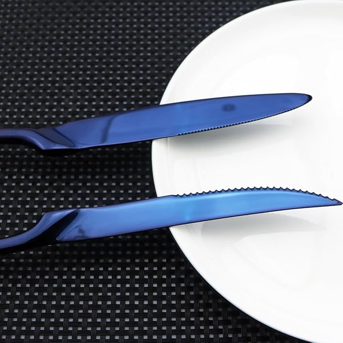 Flatware Set 18/10 Stainless Steel Mirror Polished Blue Cutlery - Silverware Utensil Set of Serrated Steak Knife Dinner Fork Knife Spoon Salad Fork Dessert Spoon,6 Piece Service for 1