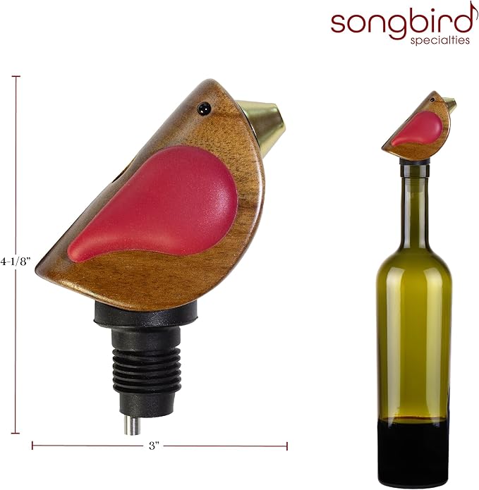 Wine Bottle Pourer, Fun Wine Pourer Spout Sings While It Pours, Airtight Wine Bottle Sealer, Acacia Wood with Red Wings