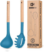 Silicone Pasta Fork and Ladle Spoon Set with Wooden Handle, Heat Resistant Non Stick Kitchen Utensils for Cooking, Stirring, Serving Spaghetti, Soup, Sauce(BLUE)