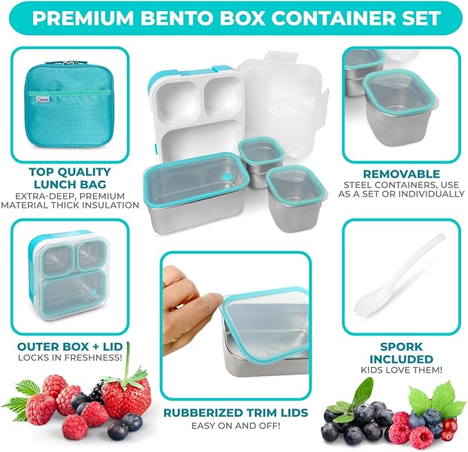 kinsho Stainless Steel Bento Lunch Box Set for Kids Babies - Insulated Bag - Leak-Proof Metal Compartment Meal Prep Food & Snack Containers for Work Travel School Toddler Daycare 24 oz Baby Teal Blue