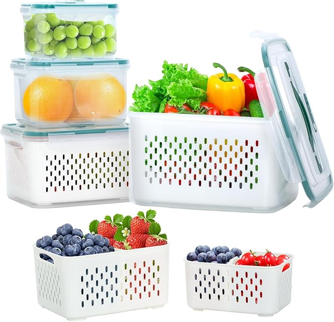 Upgraded Fresh Produce Vegetable Fruit Storage Containers,Large Fruit Containers for Fridge with Lid Vent Handle and Colander ,Keep Berry Fruit Vegetable Food Meat Fresh Longer (4)