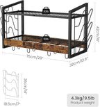 Hanging Pot Rack, Pot Rack Wall Mounted, 2-Tier Kitchen Pot and Lid Organizer, Wall-Mounted Pot Rack with 12 Hooks, for Kitchen Storage of Pots, Pans, Utensils, Rustic Brown TPR02BF
