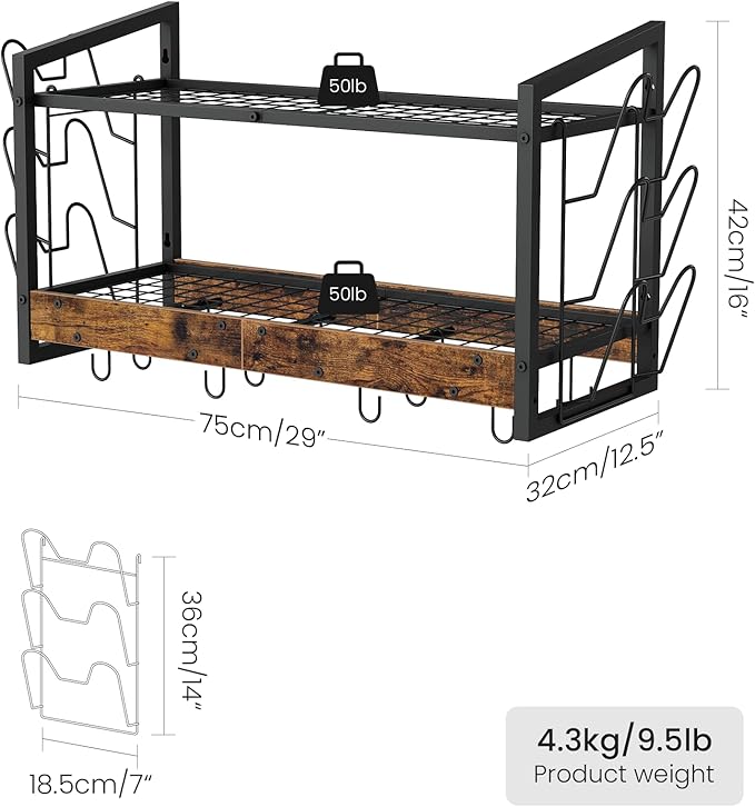 Hanging Pot Rack, Pot Rack Wall Mounted, 2-Tier Kitchen Pot and Lid Organizer, Wall-Mounted Pot Rack with 12 Hooks, for Kitchen Storage of Pots, Pans, Utensils, Rustic Brown TPR02BF