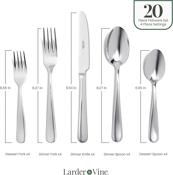 Signature Stainless Steel Flatware 20-Piece Set - Service for 4, Premium Stainless Steel with Weighted Handles, Dishwasher Safe, Everyday or Special Occasion Cutlery (Mirror Finish)