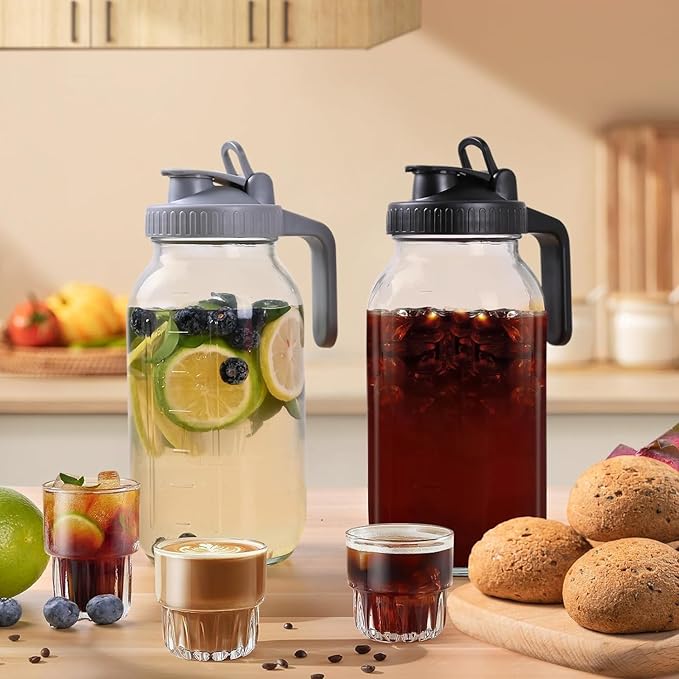 64OZ Glass Pitchers with Lid, Wide Mouth Water Jugs, Leak-Proof Airtight Mason Jars for Cold Brew Coffee, Iced tea, Milk, Food Storage, Sun Tea Jar，Set of 2.