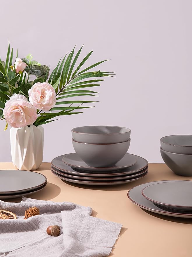 Famiware Venus Plates and Bowls Sets, 18 Pieces Stoneware Dinnerware Sets, Speckled Dishes Set for 6, Microwave and Dishwasher Safe, Matte Dark Grey