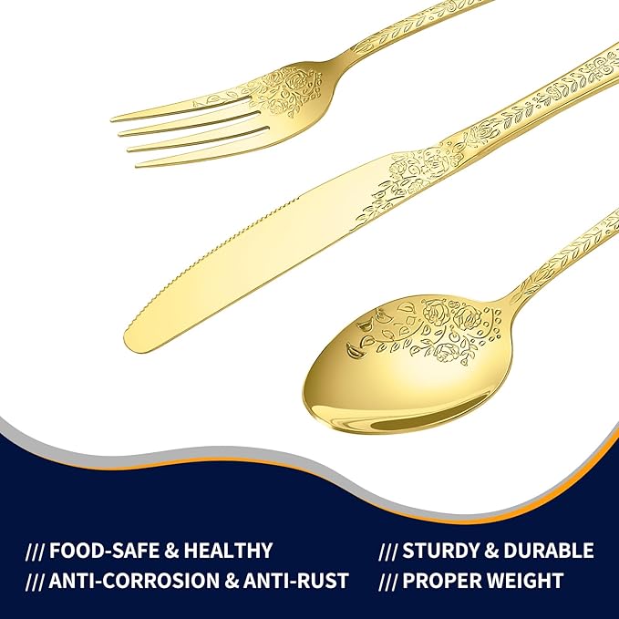 Floral 40 Pcs Gold Silverware Set for 8, Food Grade Stainless Steel Flatware Set with Rose Flower Embossed Design, Eating Utensils Sets Include Fork/Knife/Spoon, Reusable Cutlery Set, Dishwasher Safe