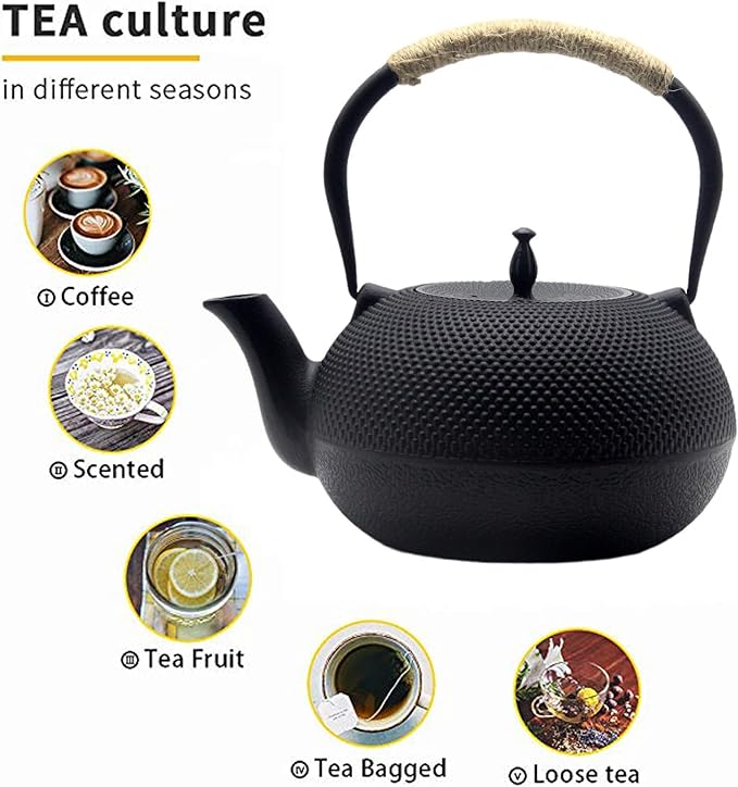 Big Cast Iron Teapot, Japanese Tetsubin Tea Kettle for Stovetop Safe, Cast Iron Tea Pot with Stainless Steel Infuser for Loose Tea and Enameled Interior(1800ml/60.9oz)