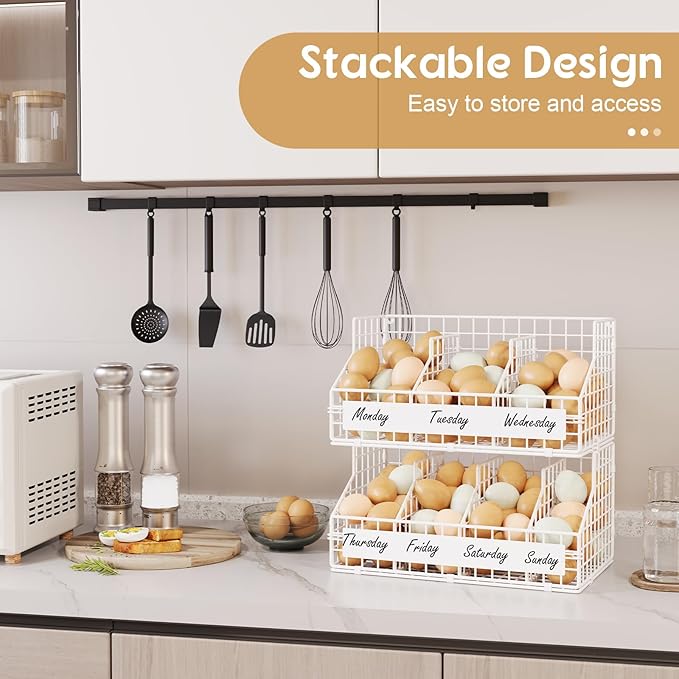 keomaisyto Fresh Egg Holder with 5 Dividers to Separate Eggs for a Week, 2 Tier Stackable Wire Baskets for Gathering Eggs, XXL Egg Rack for Countertop/Wall-Mounted, With DIY Labels, White
