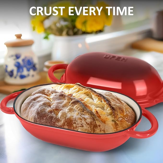 Dutch Oven for Bread Baking – Premium Cast Iron Pot with Lid – Perfect for Sourdough, Artisan Loaves & No-Knead Bread – 2 QT / 1.9L (Enameled, Round, Oven & Stovetop Safe), Red