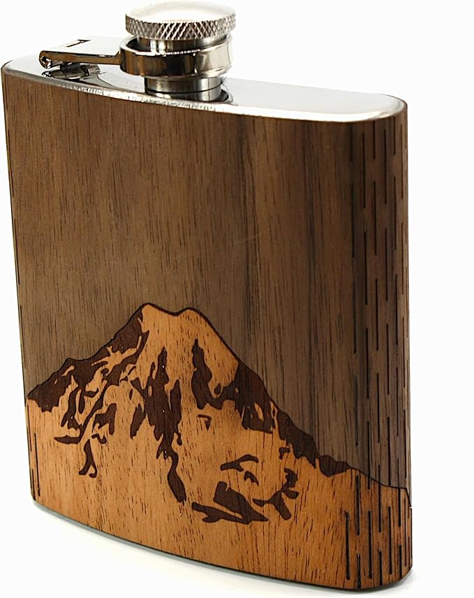 WUDN 6 oz. Wooden Hip Flask - Stainless Steel Body, Mt. Rainier Walnut Sky