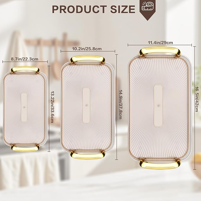 Serving Tray with Handles Set of 3 Rectangular Large Serving Platters 16.5/14.9/13.2 Inch White Plates for Dinner, Party, Entertaining, Amber