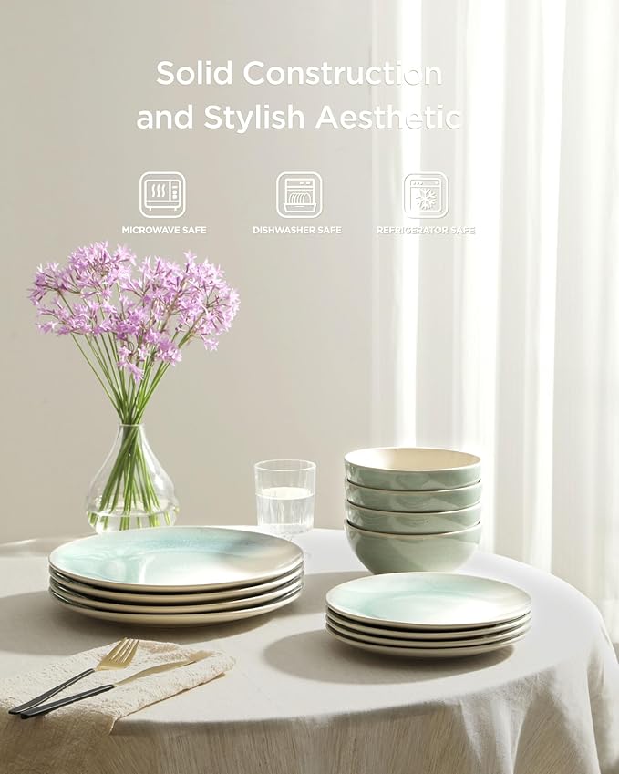 Famiware Glacier Dinnerware Sets, Plates and Bowls Dish Sets for 6 (18 Pieces), Stoneware Tableware - Dishwasher and Microwave Safe, Handcrafted Reactive Glaze, Aqua