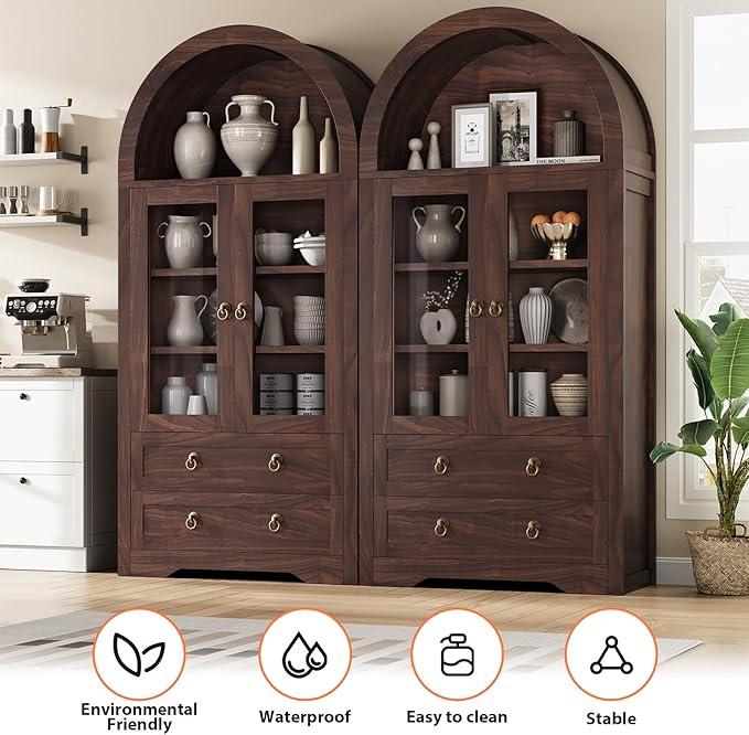 Kitchen Pantry Cabinet, Arched Bookshelf Bookcase China Pantry Storage Cabinet with Drawers Doors and Shelves,71“ Tall Food Pantry Funiture for Living Room,Dining Room (Walnut)