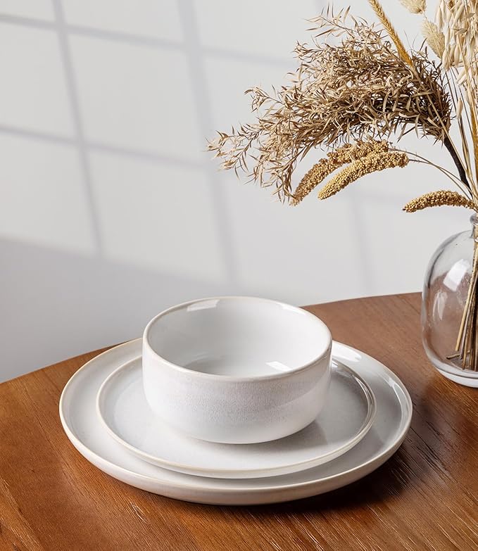 TheTerra Ceramic Dinnerware Sets for 4, 12 Pieces Handmade Reactive Glaze Plates and Bowls Set, Scratch Resistant Dish Set, Oven & Microwave & Dishwasher Safe