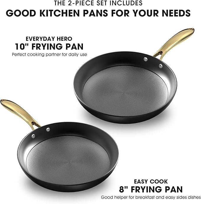 imarku Non Stick Frying Pans, Professional Cast Iron Skillets 2 Pcs - 8 Inch & 10 Inch Frying Pans Nonstick, Honeycomb Long Lasting Frying Pan Set Gold Handle Oven Safe Pan, New Home Essentials