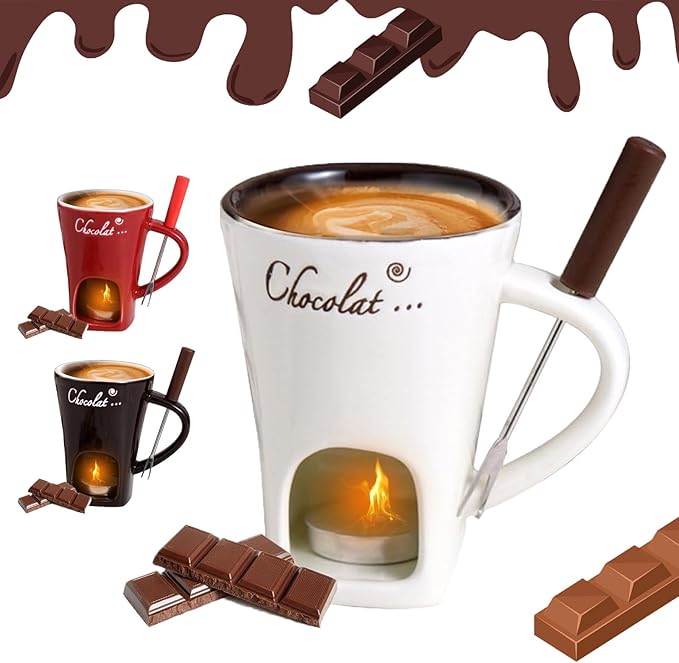 Chocolate Fondue Mug, Fondue Cups Tealight, Chocolate Melting Mug With Candle, Mini Ceramic Chocolates Melting Cup With Forks, Date Night Birthday Wedding Gifts (White)