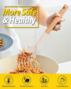 Silicone Pasta Fork and Ladle Spoon Set with Wooden Handle, Heat Resistant Non Stick Kitchen Utensils for Cooking, Stirring, Serving Spaghetti, Soup, Sauce(KHAKI)