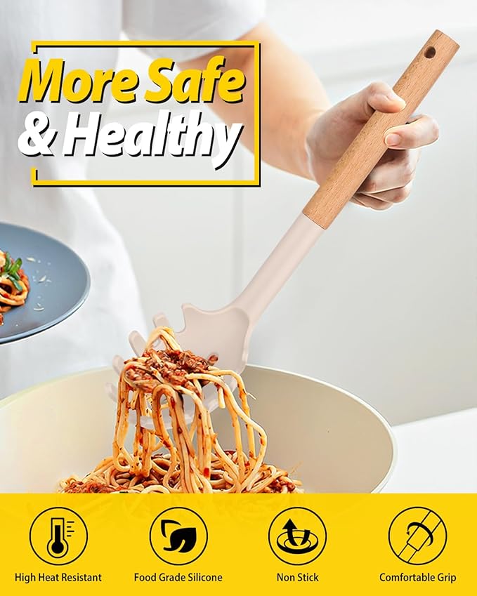 Silicone Pasta Fork and Ladle Spoon Set with Wooden Handle, Heat Resistant Non Stick Kitchen Utensils for Cooking, Stirring, Serving Spaghetti, Soup, Sauce(KHAKI)