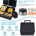Bento Lunch Box with 9.5 oz Soup Thermo, Kids Leakproof 4 Compartments Bento Box with Silicone Cupcake,Fruit Fork,Spoon and Sauce Cup,Insulated Food Jar for School Travel-Black