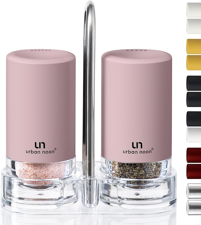Signature Petal Pink Salt and Pepper Shakers with Holder - Elegant Stainless Steel Salt Shaker and Pepper Shaker Set with Acrylic Holder for Kitchen Counter or Restaurant Table (2-Piece Set)
