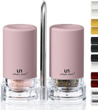 Signature Petal Pink Salt and Pepper Shakers with Holder - Elegant Stainless Steel Salt Shaker and Pepper Shaker Set with Acrylic Holder for Kitchen Counter or Restaurant Table (2-Piece Set)