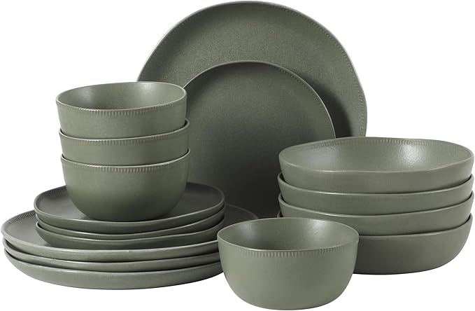 Gibson Elite Menlo Park 16-Piece Pottery Clay Stoneware Dinnerware Set – Green Reactive Glaze, Organic Shape Embossed Plates and Bowls W/Pasta Bowl, Service for 4 – Microwave & Dishwasher Safe