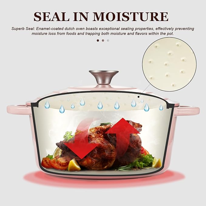 Overmont Enameled Cast Iron Dutch Oven - 7QT Pot with Lid Cookbook & Cotton Potholders - Heavy-Duty Cookware for Braising, Stews, Roasting, Bread Baking pink