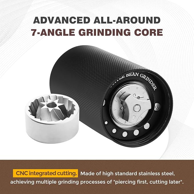 Manual Coffee Grinder CNC Stainless Steel 7 Star Conical Burr Coffee Grinder Hand with12 gears Adjustable Coarseness For Espresso, Drip Coffee, French Press Capacity 25g Portable Coffee Bean Grinder