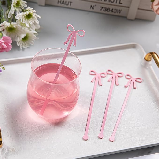 20 pcs Bow Drink Stirrers, Acrylic Drink Stirs for Bow Themed Party Decoration, Coquette Birthday Cocktail Wedding Decorations Party Favors (Pink)