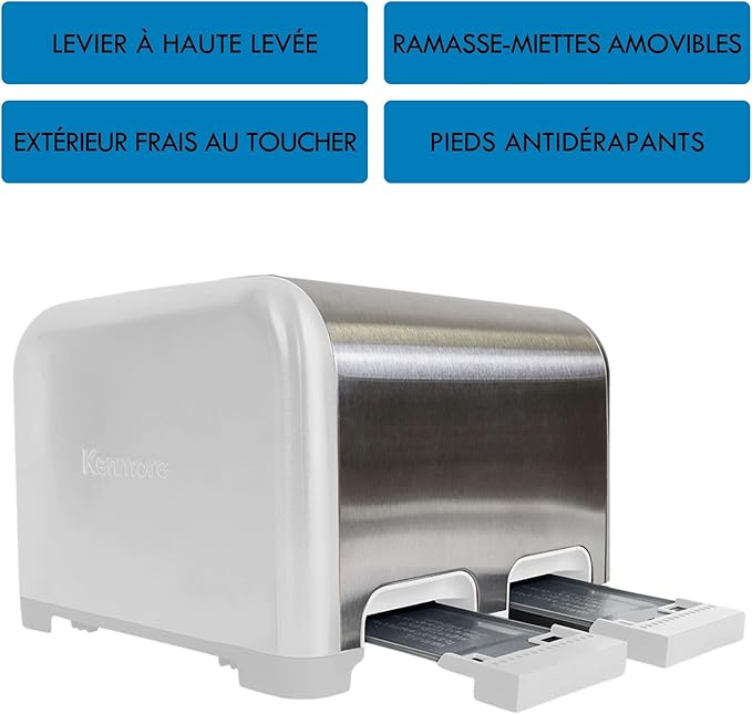 Kenmore Toaster 4 Slice - Extra Wide Slot Countertop Kitchen Appliance, Defrost Function, Grille-Pain, 9 Shade Settings, Compact Design, Easy Clean Crumb Tray, Bread Bagel, Stainless Steel & White