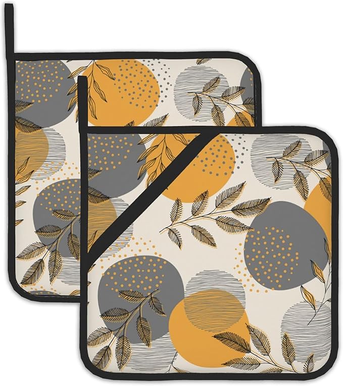 Boho Leaves Pot Holders Set of 2 Heat Resistant Potholders,Stripes and Dots Fire Oven Hot Pads for Kitchen Cooking Baking Barbecue