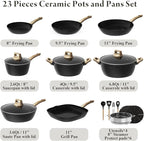 23 Pcs Pots and Pans Set, Non Stick Ceramic Cookware Set with 3 Frying Pans, Healthy Non-Toxic, Large Capacity,Induction Compatible, PFAS/PTFE/PFOA Free, Black