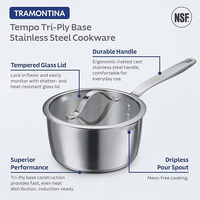 Tramontina Tempo Tri-Ply Base Stainless Steel 10-Piece Cookware Set with Glass Lids, Pots and Pans Kitchen Set, Induction-Ready, Oven-Safe, Dishwasher-Safe