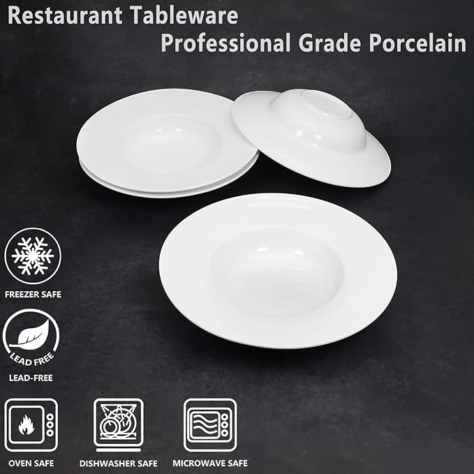 Pasta Plates with Rim 12 oz, Soup Bowl Pasta Bowl Set of 4, White Shallow Bowl Plate, Ceramic Wide Rimmed Soup Bowl, Best choice for high-end restaurants, hotels, and foodies, 10 Inch