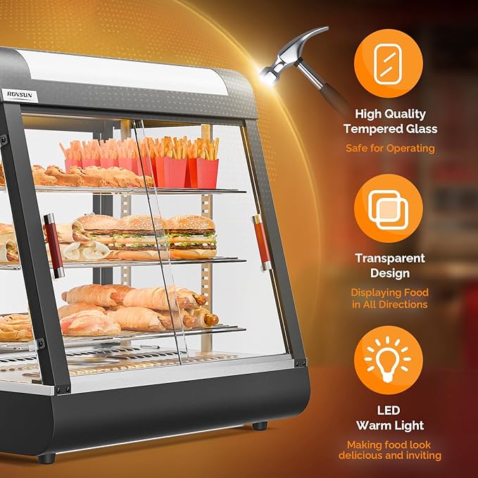ROVSUN 26" Commercial Food Warmer Display Pizza Warmer, 3-Tier Electric Countertop Food Warmer w/LED Lighting, Adjustable Removable Shelves & Glass Door, Pretzel Warmer for Buffet Restaurant 1200W
