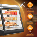 ROVSUN 26" Commercial Food Warmer Display Pizza Warmer, 3-Tier Electric Countertop Food Warmer w/LED Lighting, Adjustable Removable Shelves & Glass Door, Pretzel Warmer for Buffet Restaurant 1200W