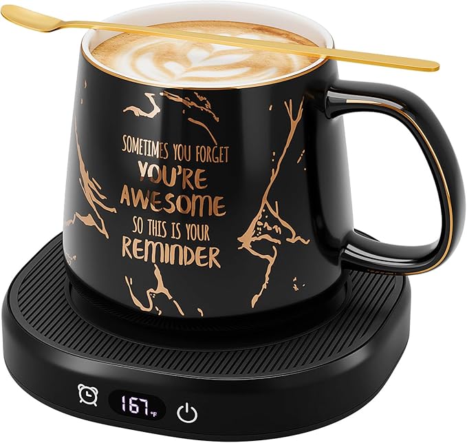 Coffee Mug Warmer, You are Awesome Mug with Coffee Warmer Set, Electric Coffee Cup Warmer for Desk 8 Hours Auto Shut Off, Tea Beverage Warmer with 4 Temperature Setting, Birthday Gifts for Women Man