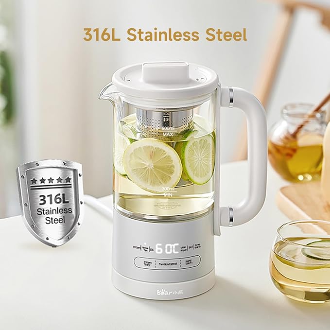 Bear HK-5L06P04 Mini Health Pot, Electric Kettle Tea Maker with Infuser, Glass Kettle & 316L Stainless Steel, 6 Auto Menus, 0.6L Compact Size, White