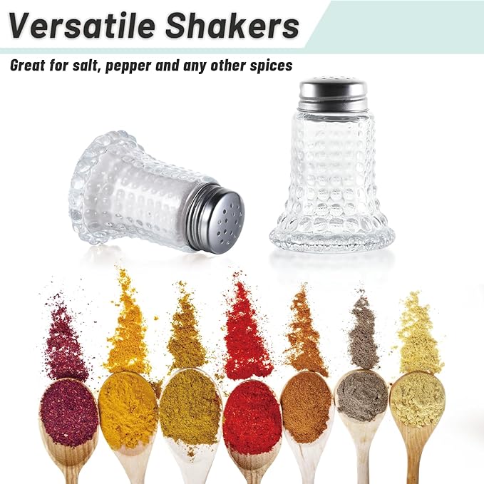 Salt and Pepper Shaker Glass Set, Retro Style Spice Shakers for Dining Room Table, Kitchen, Restaurant, Set of 2 (Hobnail)