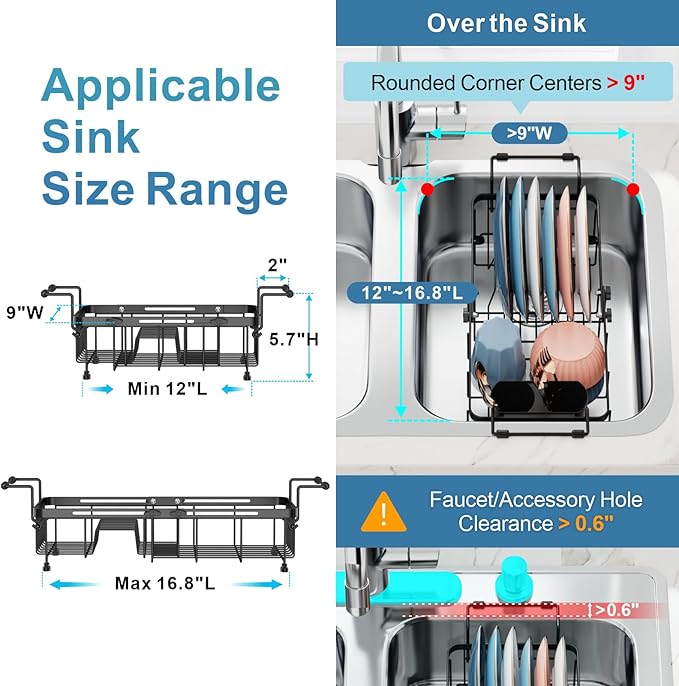 iSPECLE in Sink Dish Drying Rack with Mat, Capacity Expandable Small Dish Rack Over Sink, Black